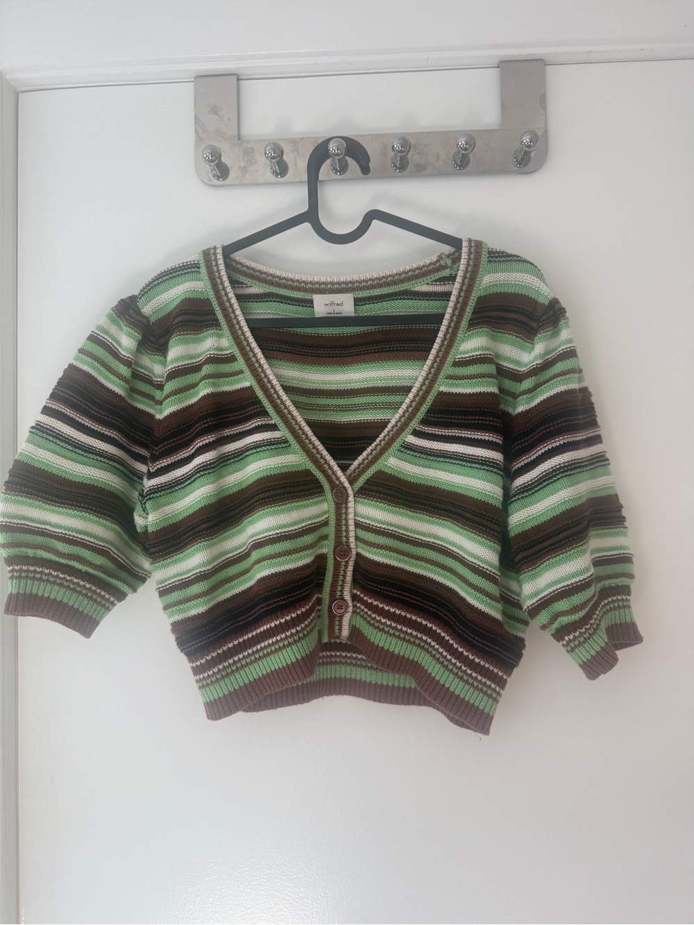 Aritzia Green & Brown Striped V-Neck Cropped Cardigan Size S